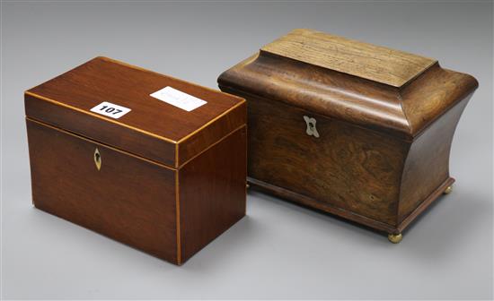 A George III mahogany tea caddy and a sarcophagus tea caddy